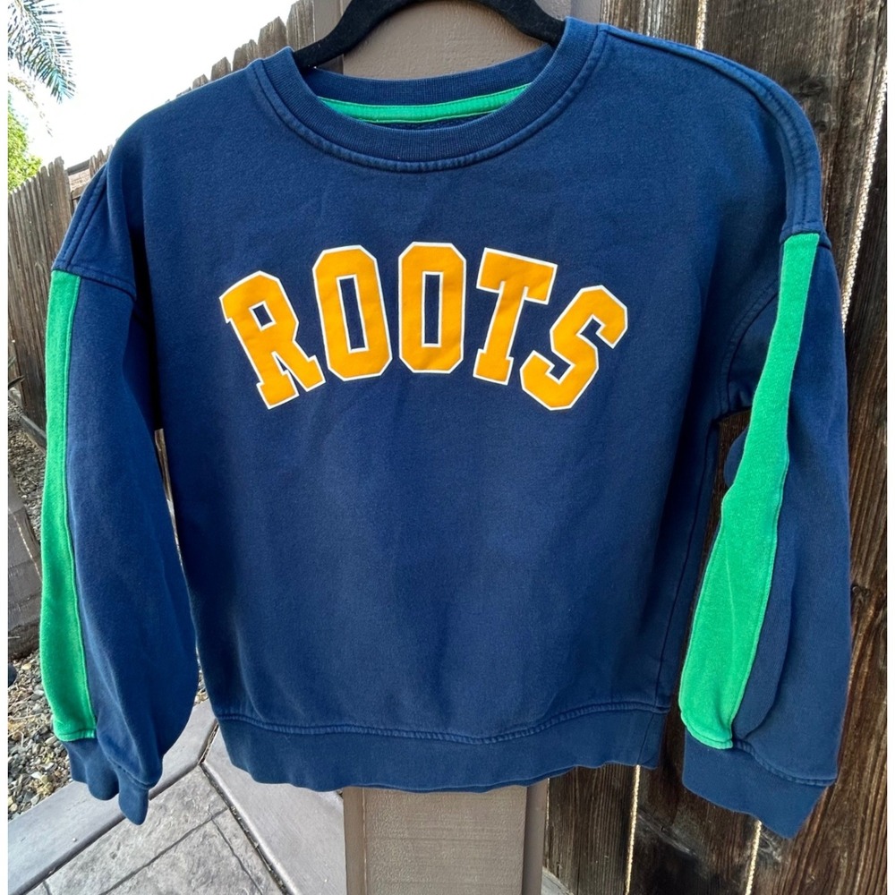 Roots Kids XL 11-12 Crewneck Sweatshirt Navy Green Varsity Logo Organic Cotton